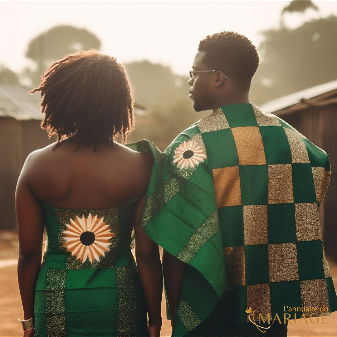 Un couple gabonais vêtu de tenues traditionnelles richement ornées, célébrant leur mariage avec des sourires radieux
