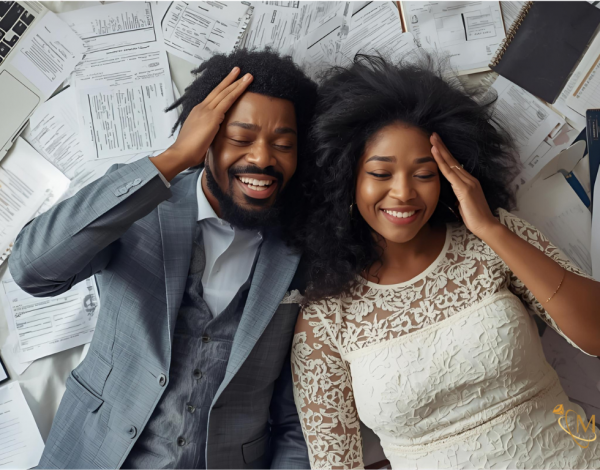 Image d’un couple entouré de papiers, ordinateur, fleurs et carnets → ça illustre le stress des préparatifs.