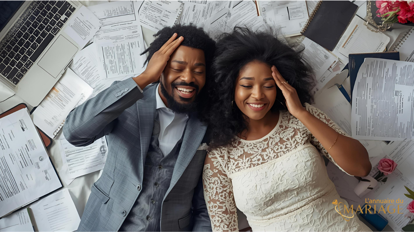 Image d’un couple entouré de papiers, ordinateur, fleurs et carnets → ça illustre le stress des préparatifs.