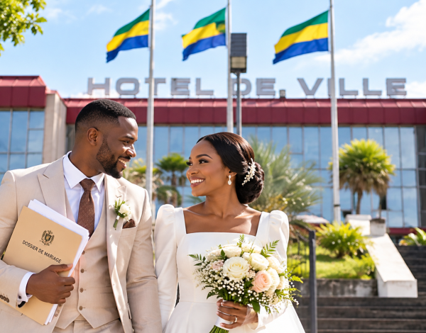 Couple de mariés devant l’Hôtel de Ville de Libreville au Gabon après leur mariage civil