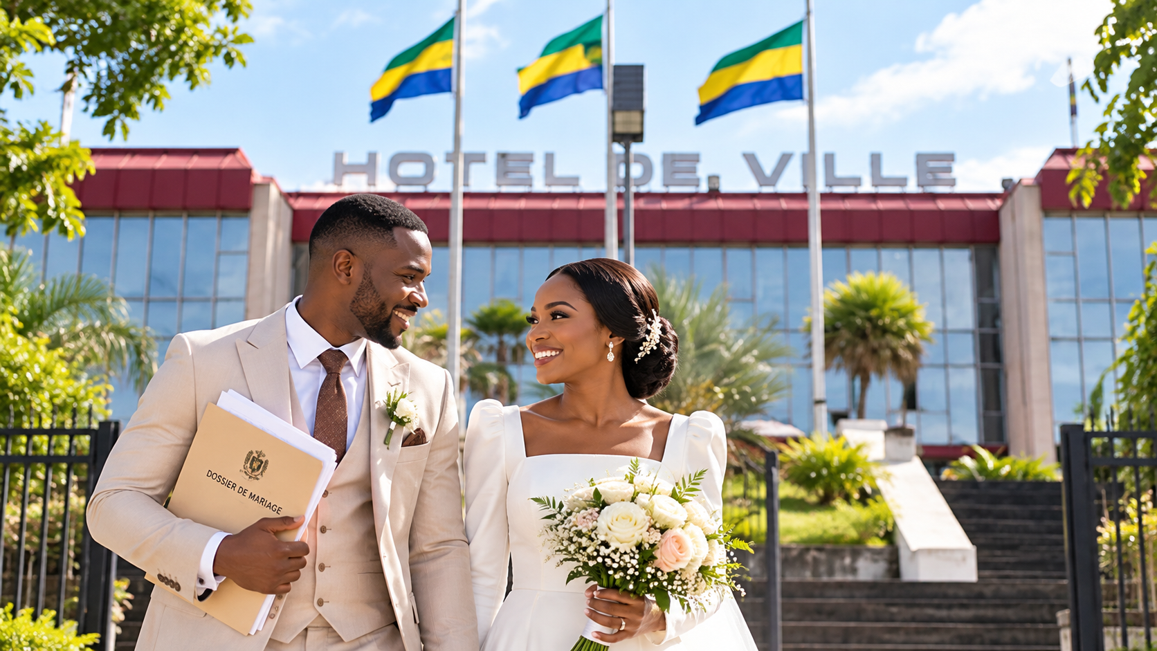 Couple de mariés devant l’Hôtel de Ville de Libreville au Gabon après leur mariage civil